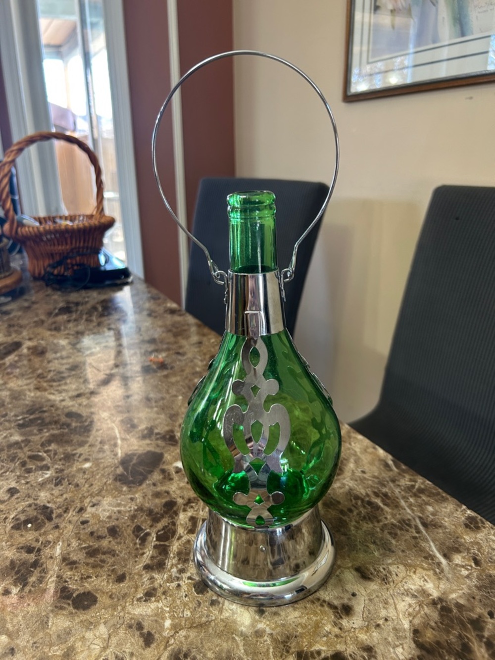 Vintage MCM musical decanter with green glass and silver filigree